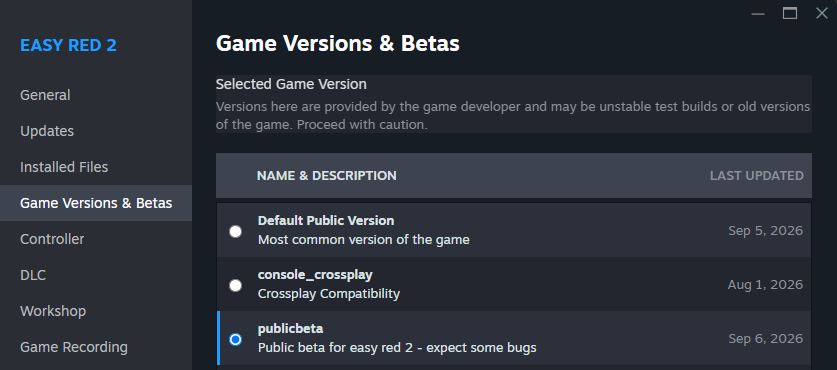 Easy Red 2 Game Versions and Betas page in Steam with publicbeta selected