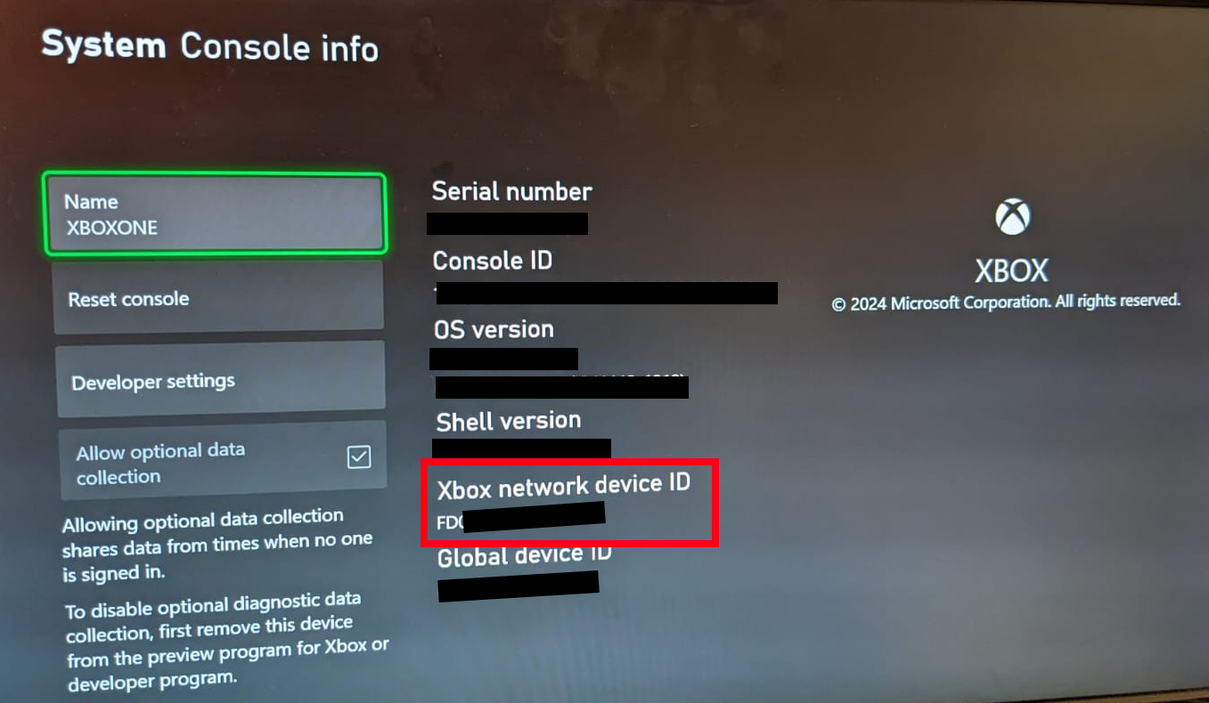 Xbox System Console info screen with the Xbox network device ID highlighted